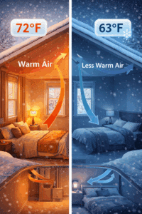 Cutaway illustration of a home in winter showing uneven heating, with one bedroom warm and comfortable and another noticeably colder, highlighting airflow imbalance during cold weather.
