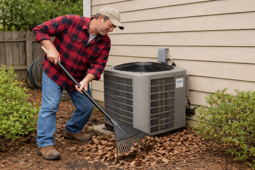 Homeowner raking leaves away from outdoor AC unit during spring HVAC maintenance