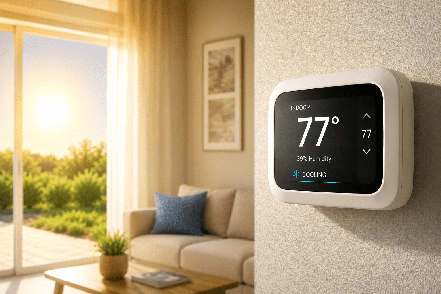 thermostat set to 77 with hot sun outside